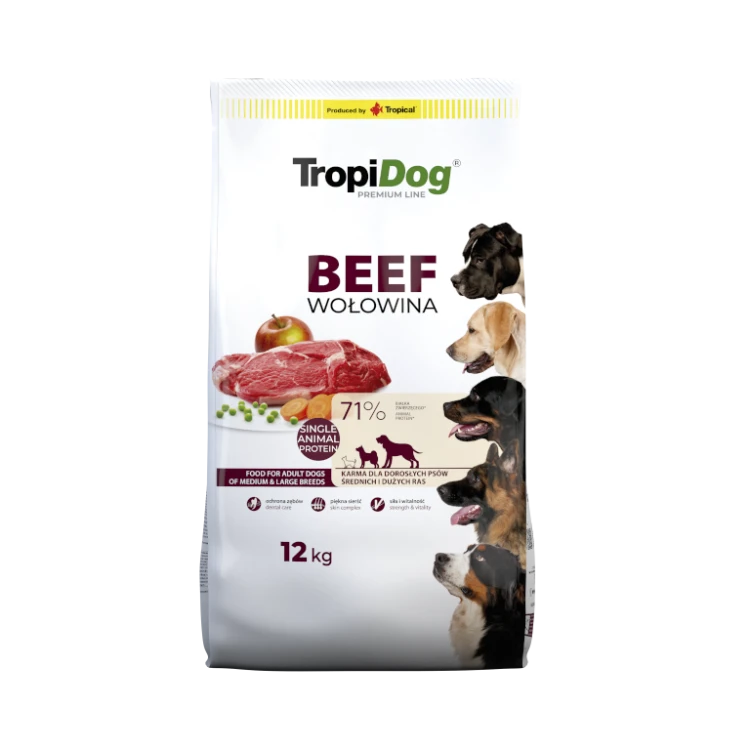 TropiDog Premium Adult Medium & Large Beef 12 kg – opakowanie karmy dla dorosłych psów