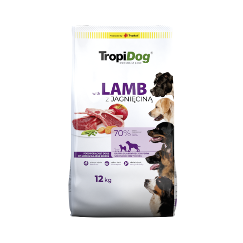 Opakowanie TropiDog Premium Adult z jagnięciną 12 kg dla dorosłych psów średnich i dużych ras