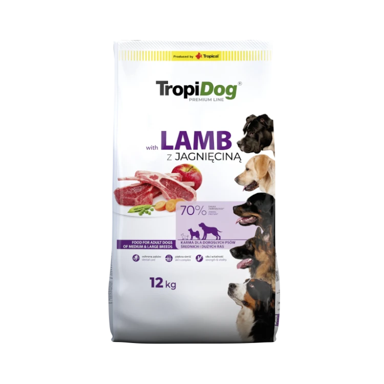 Opakowanie TropiDog Premium Adult z jagnięciną 12 kg dla dorosłych psów średnich i dużych ras