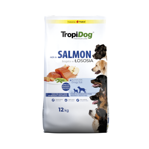 TropiDog Premium Adult Łosoś z Ryżem 12 kg – opakowanie suchej karmy dla dorosłych psów średnich i dużych ras