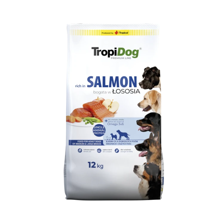 TropiDog Premium Adult Łosoś z Ryżem 12 kg – opakowanie suchej karmy dla dorosłych psów średnich i dużych ras