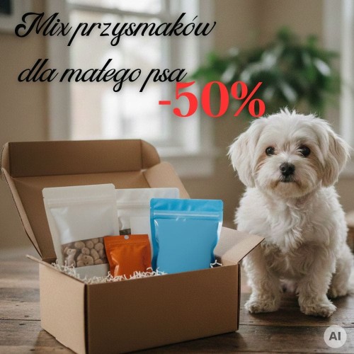 Mały pies obok zestawu przysmaków w pudełku z informacją o promocji -50%.jpg