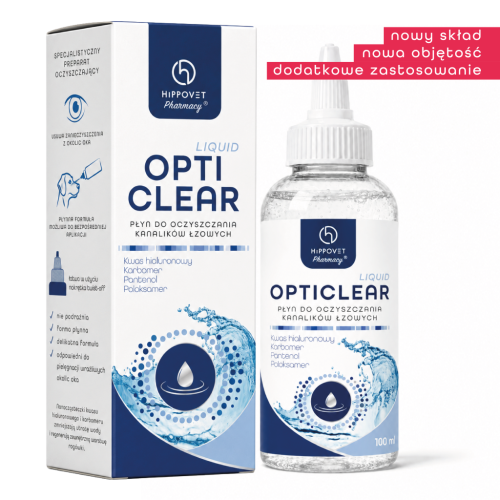 Hippovet Pharmacy OptiClear Liquid 100 ml – butelka i opakowanie płynu do oczyszczania kanalików łzowych