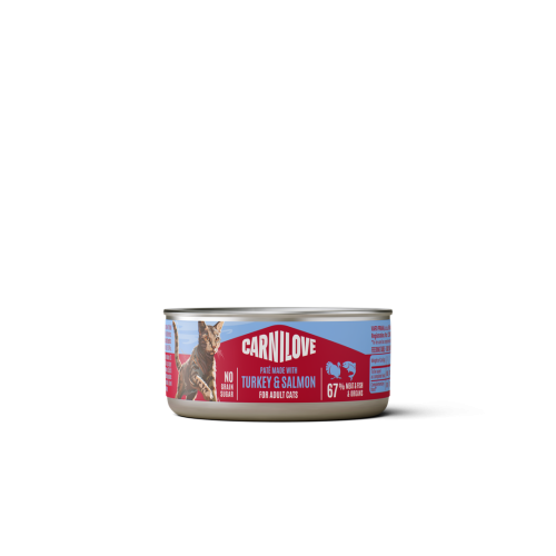 Carnilove Cat Paté z indykiem i łososiem 100 g – puszka mokrej karmy dla dorosłych kotów z wizerunkiem kota na etykiecie