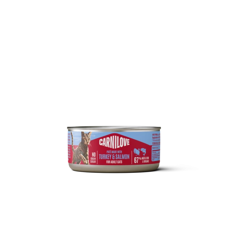 Carnilove Cat Paté z indykiem i łososiem 100 g – puszka mokrej karmy dla dorosłych kotów z wizerunkiem kota na etykiecie