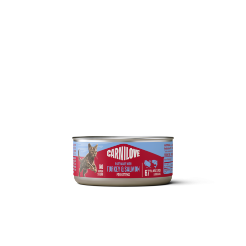Carnilove Cat Paté z indykiem i łososiem 100 g – puszka mokrej karmy dla kociąt z ilustracją kota na etykiecie