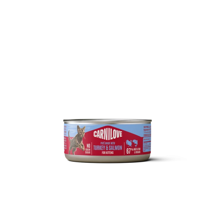 Carnilove Cat Paté z indykiem i łososiem 100 g – puszka mokrej karmy dla kociąt z ilustracją kota na etykiecie