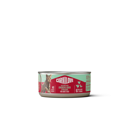 Puszka Carnilove Cat Paté z kurczakiem, kaczką i bażantem 100 g – etykieta z ilustracją kota