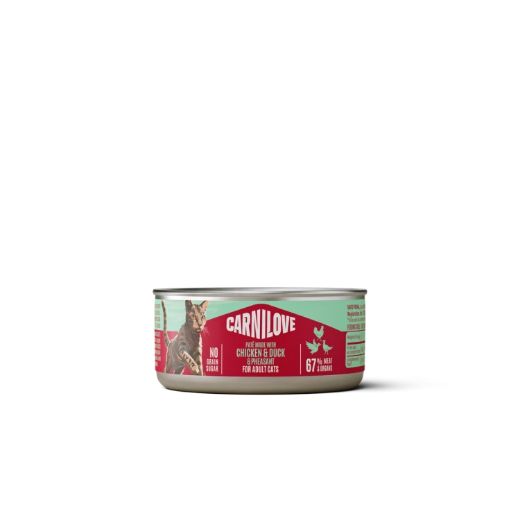 Puszka Carnilove Cat Paté z kurczakiem, kaczką i bażantem 100 g – etykieta z ilustracją kota