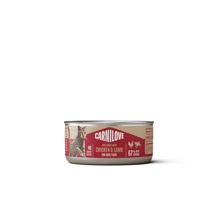 Carnilove Cat Paté z kurczakiem i jagnięciną 100 g – puszka mokrej karmy dla dorosłych kotów na białym tle