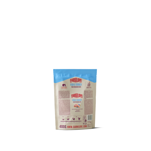 Carnilove True Fresh Fish & Turkey 400 g – tył opakowania karmy dla kotów ze składem i tabelą dawkowania