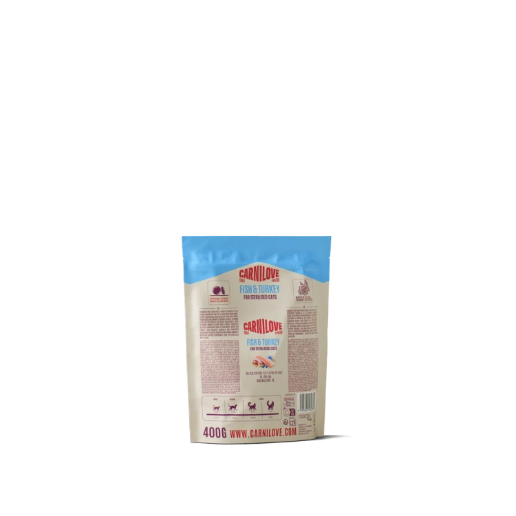 Carnilove True Fresh Fish & Turkey 400 g – tył opakowania karmy dla kotów ze składem i tabelą dawkowania