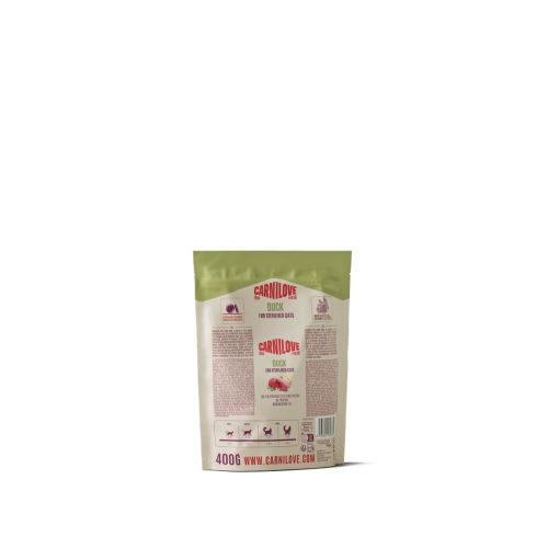 Carnilove True Fresh Duck 400 g – tył opakowania z informacjami o składzie i dawkowaniu karmy