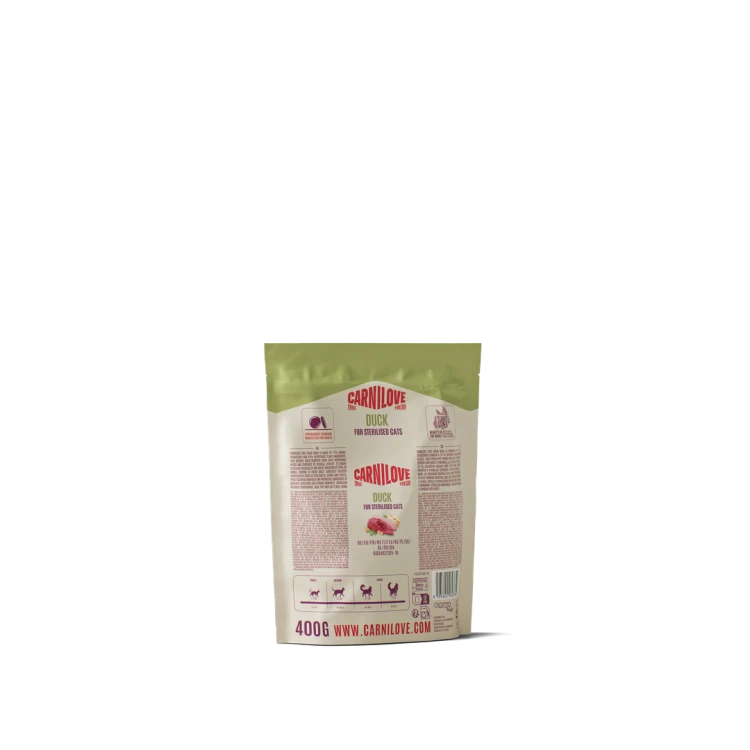 Carnilove True Fresh Duck 400 g – tył opakowania z informacjami o składzie i dawkowaniu karmy