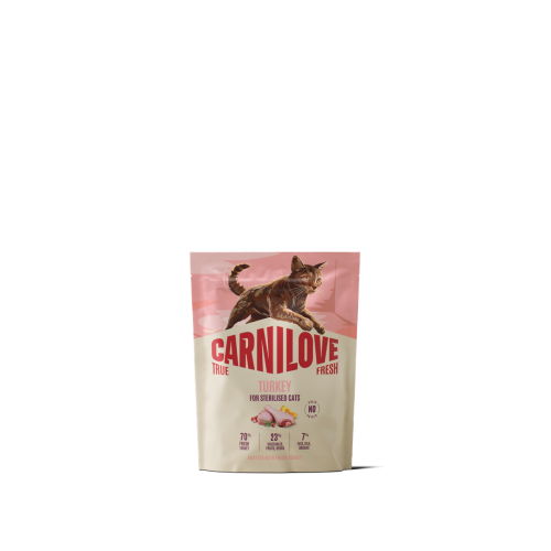Carnilove True Fresh Turkey 400 g – przód opakowania suchej karmy dla kotów po sterylizacji z ilustracją kota