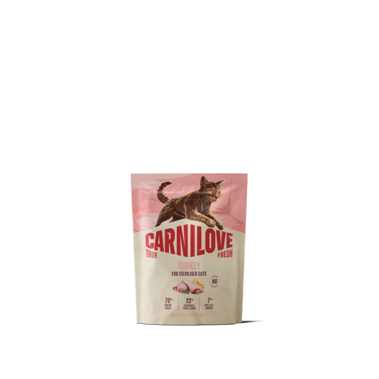 Carnilove True Fresh Turkey 400 g – przód opakowania suchej karmy dla kotów po sterylizacji z ilustracją kota