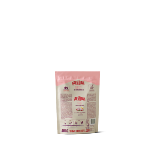 Carnilove True Fresh Turkey 400 g – przód opakowania suchej karmy dla kotów po sterylizacji z ilustracją kota