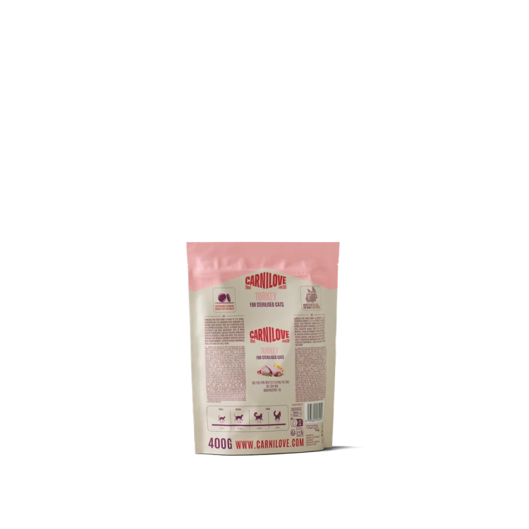 Carnilove True Fresh Turkey 400 g – przód opakowania suchej karmy dla kotów po sterylizacji z ilustracją kota