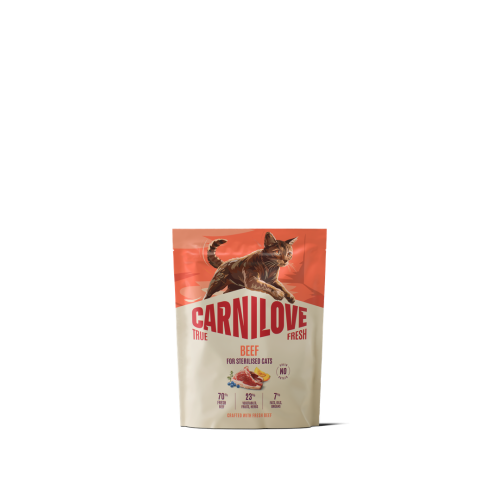 Carnilove True Fresh Beef 400 g – przód opakowania suchej karmy dla kotów po sterylizacji z ilustracją kota