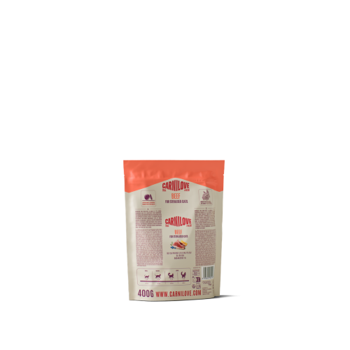 Carnilove True Fresh Beef 400 g – tył opakowania karmy dla kotów ze składem i tabelą dawkowania