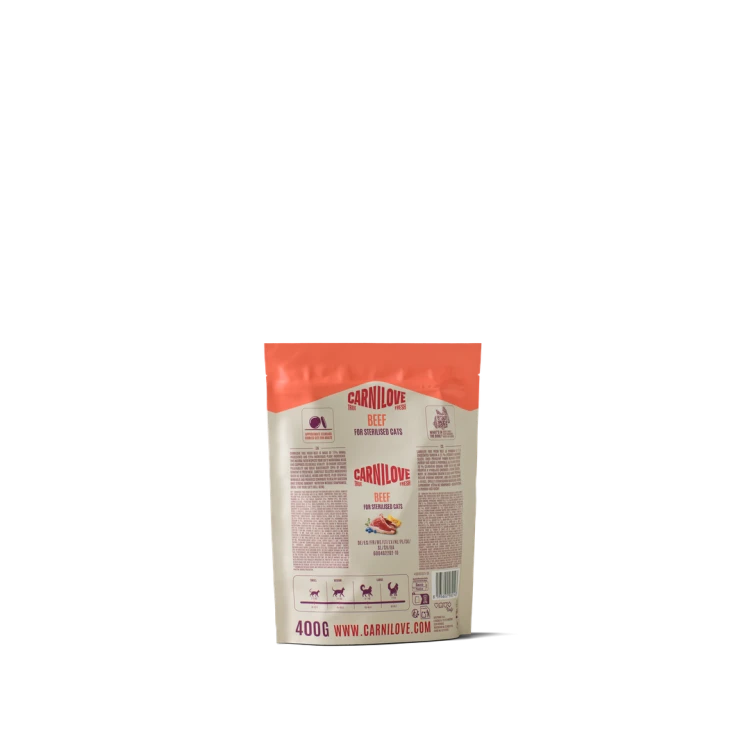 Carnilove True Fresh Beef 400 g – tył opakowania karmy dla kotów ze składem i tabelą dawkowania