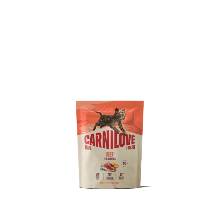 Carnilove True Fresh Beef for Kittens 400 g – przód opakowania suchej karmy z wołowiną dla kociąt, z grafiką kota