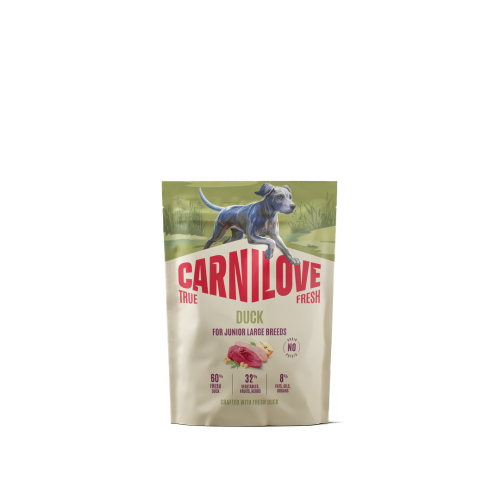 Carnilove True Fresh Duck 1,5 kg – przód opakowania suchej karmy dla szczeniąt dużych ras z ilustracją psa