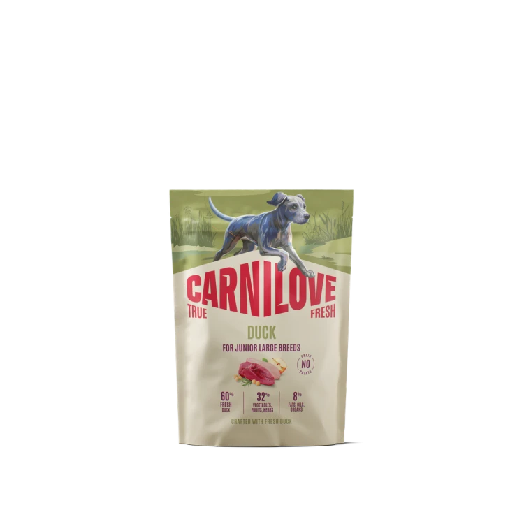 Carnilove True Fresh Duck 1,5 kg – przód opakowania suchej karmy dla szczeniąt dużych ras z ilustracją psa