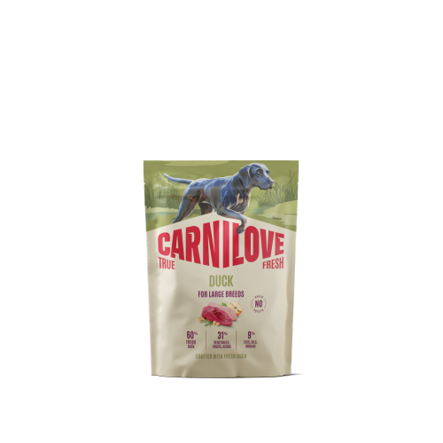 Carnilove True Fresh Duck 1,5 kg – przód opakowania suchej karmy z kaczką dla dorosłych psów dużych ras