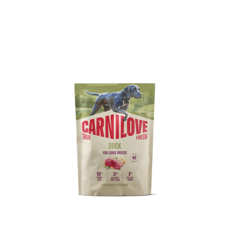 Carnilove True Fresh Duck 1,5 kg – przód opakowania suchej karmy z kaczką dla dorosłych psów dużych ras