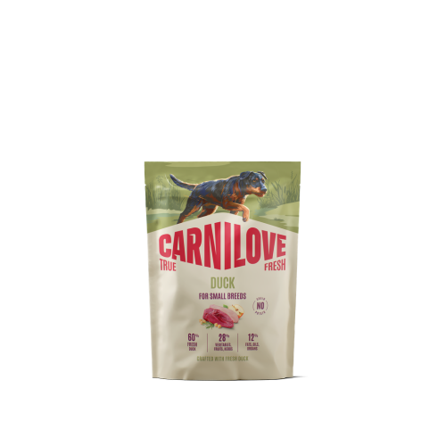 Carnilove True Fresh Duck dla małych ras – przód opakowania karmy z kaczką i ilustracją psa