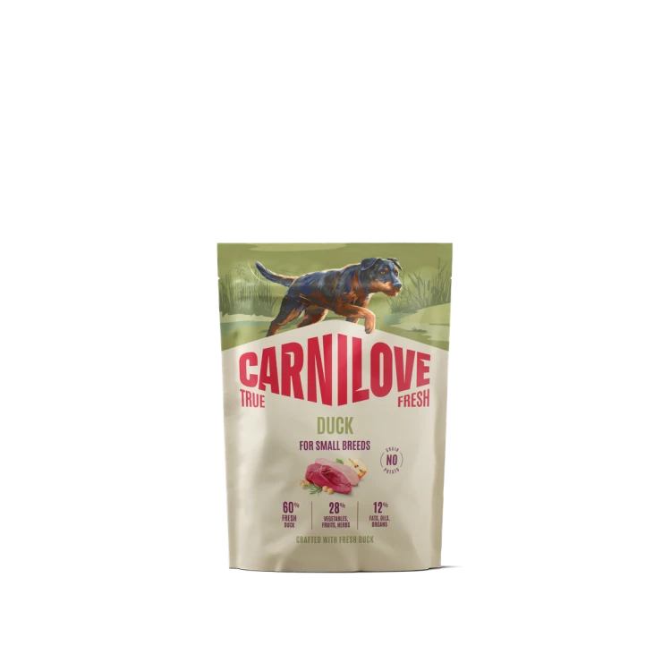 Carnilove True Fresh Duck dla małych ras – przód opakowania karmy z kaczką i ilustracją psa