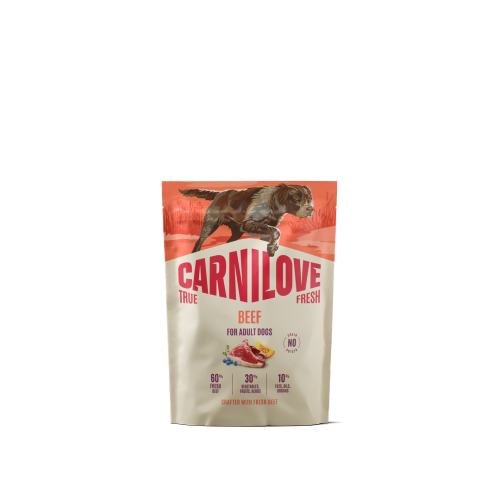 Carnilove True Fresh Beef 1,5 kg – przód opakowania suchej karmy z wołowiną dla dorosłych psów, z ilustracją psa