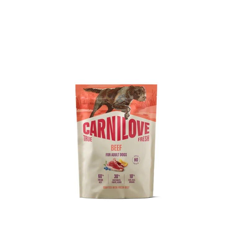 Carnilove True Fresh Beef 1,5 kg – przód opakowania suchej karmy z wołowiną dla dorosłych psów, z ilustracją psa