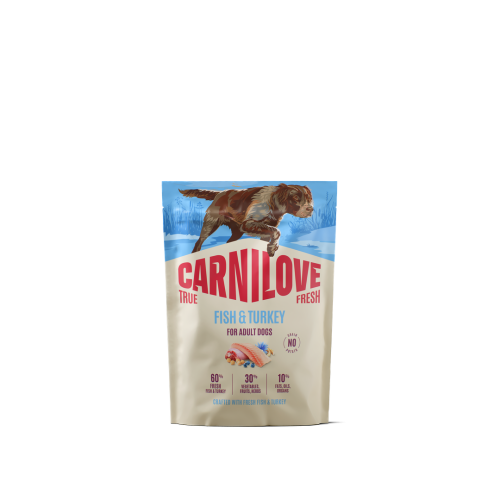Carnilove True Fresh Fish & Turkey 1,5 kg – przód opakowania suchej karmy dla dorosłych psów z ilustracją psa
