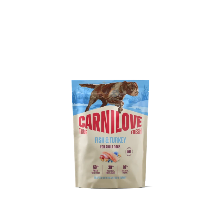 Carnilove True Fresh Fish & Turkey 1,5 kg – przód opakowania suchej karmy dla dorosłych psów z ilustracją psa