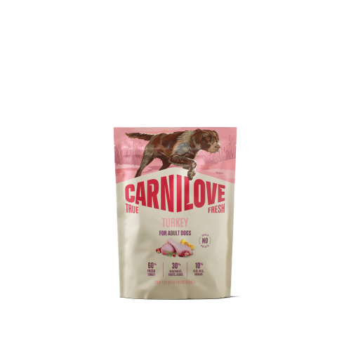 Carnilove True Fresh z indykiem 1,5 kg – przód opakowania suchej karmy dla dorosłych psów z ilustracją psa