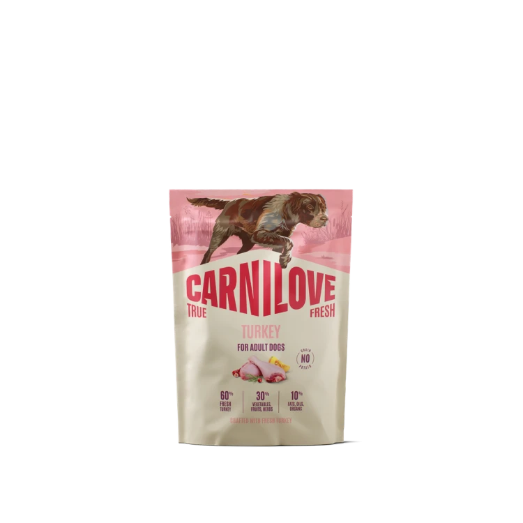 Carnilove True Fresh z indykiem 1,5 kg – przód opakowania suchej karmy dla dorosłych psów z ilustracją psa