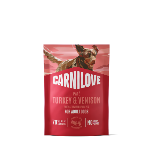 Carnilove Dog Pouch Paté z indykiem i dziczyzną 300 g – przód czerwonej saszetki z ilustracją psa