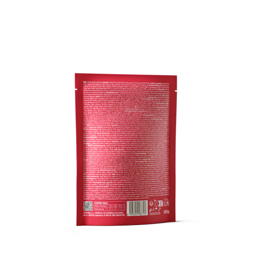 Carnilove Dog Pouch Paté Turkey & Duck 300 g – tył saszetki ze składem, tabelą dawkowania i kodem kreskowym
