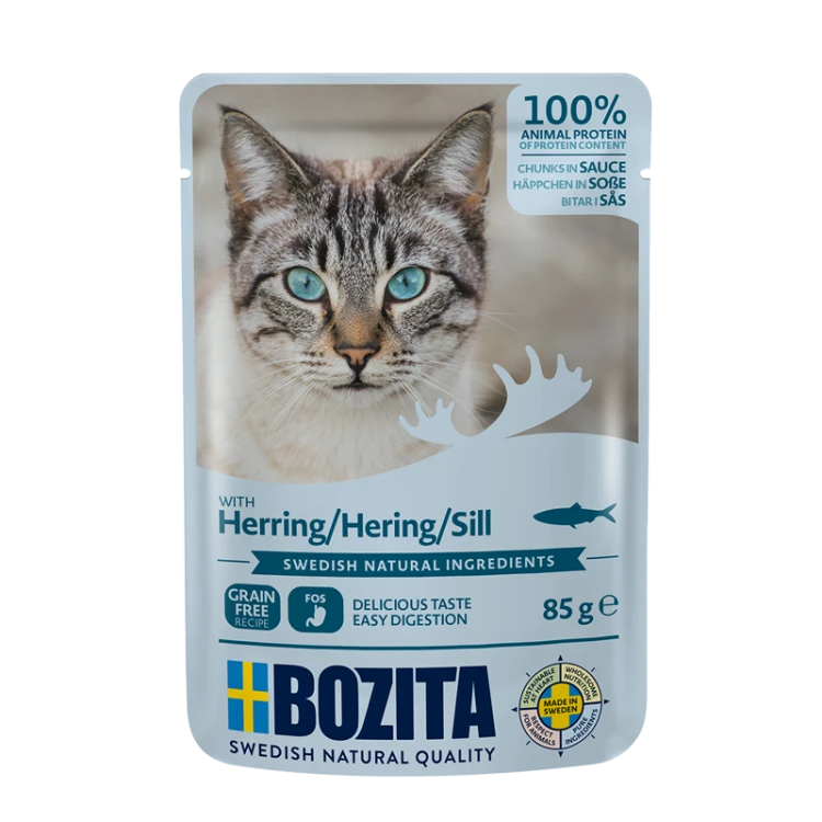 Bozita karma mokra dla kota kawałki w sosie ze śledziem 85 g – opakowanie produktu