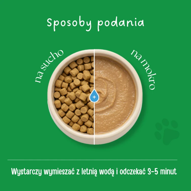 Sposoby podania karmy liofilizowanej Dr Malou – suche kawałki i karma po namoczeniu letnią wodą przez 3-5 minut