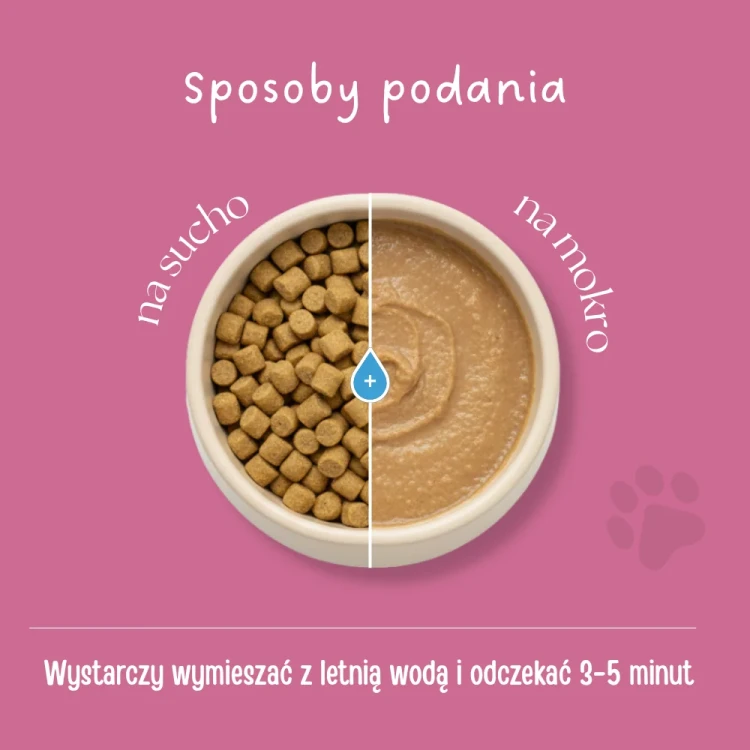 Sposoby podawania karmy liofilizowanej Dr Malou – na sucho lub po wymieszaniu z letnią wodą i odczekaniu 3–5 minut