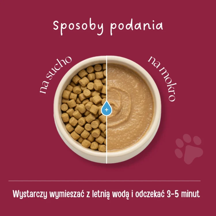 Sposoby podania karmy liofilizowanej Dr Malou – na sucho lub po namoczeniu w letniej wodzie przez 3-5 minut