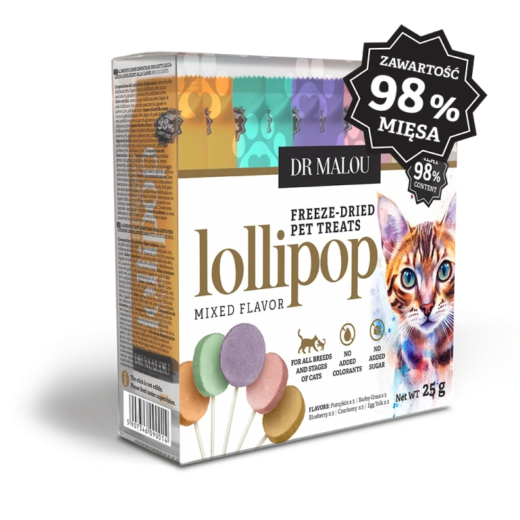 Dr Malou lizaki liofilizowane dla kota mix smaków 15 szt. – opakowanie 25 g z grafiką kota i kolorowych lizaków