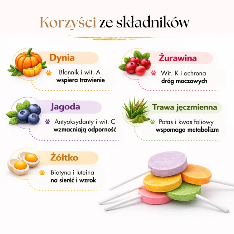 Lizaki liofilizowane Dr Malou – pięć smaków: żurawina, jagoda, dynia, żółtko i trawa jęczmienna