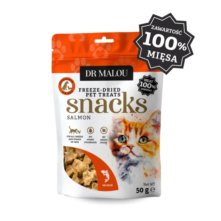Dr Malou Snacks Salmon 50 g – opakowanie liofilizowanych kostek z łososia dla kota, 100% mięsa