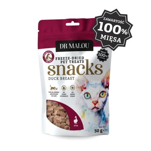Dr Malou liofilizowana pierś z kaczki 100% dla kota 50 g – opakowanie przysmaku w kostkach