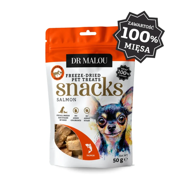 Dr Malou Łosoś 100% liofilizowany przysmak dla psa 50 g – opakowanie z ilustracją psa i oznaczeniem 100% mięsa