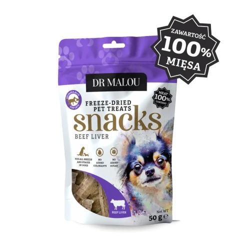 Dr Malou Snacks wątroba wołowa 100% liofilizowana dla psa 50 g – opakowanie przysmaku